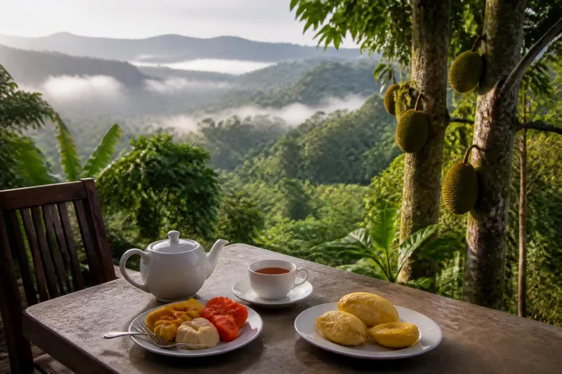 Ontbijt met Ceylonthee op een guesthouseterras met uitzicht over de heuvels bij Kandy